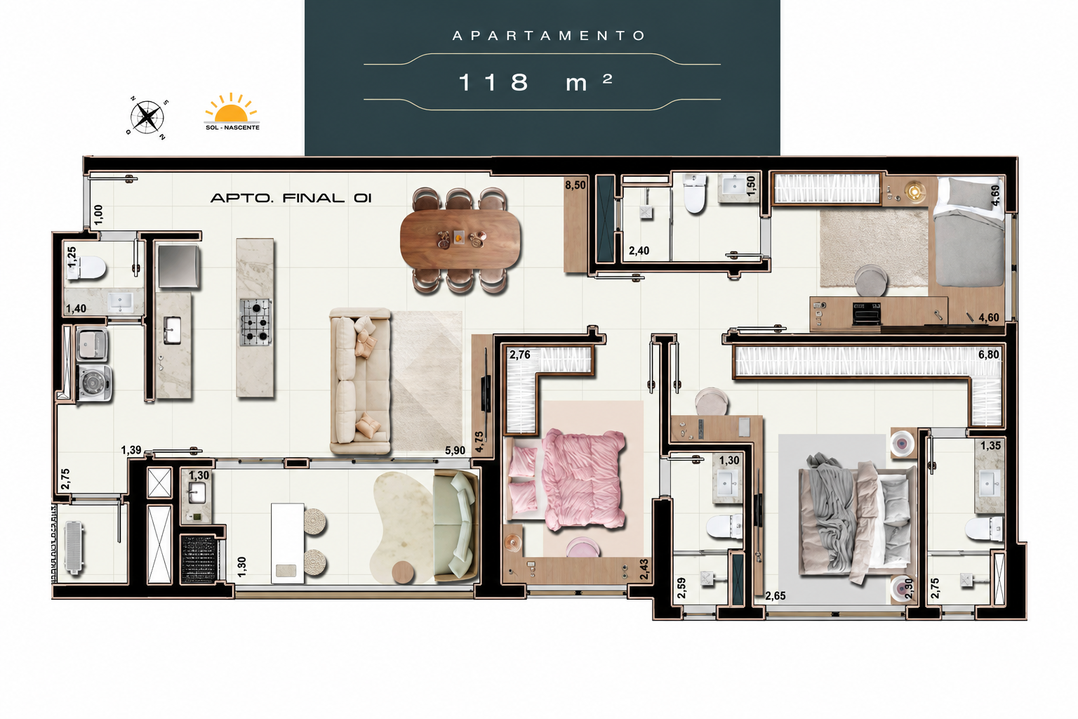 Planta do apartamento de 118 m², final 01, com cozinha aberta