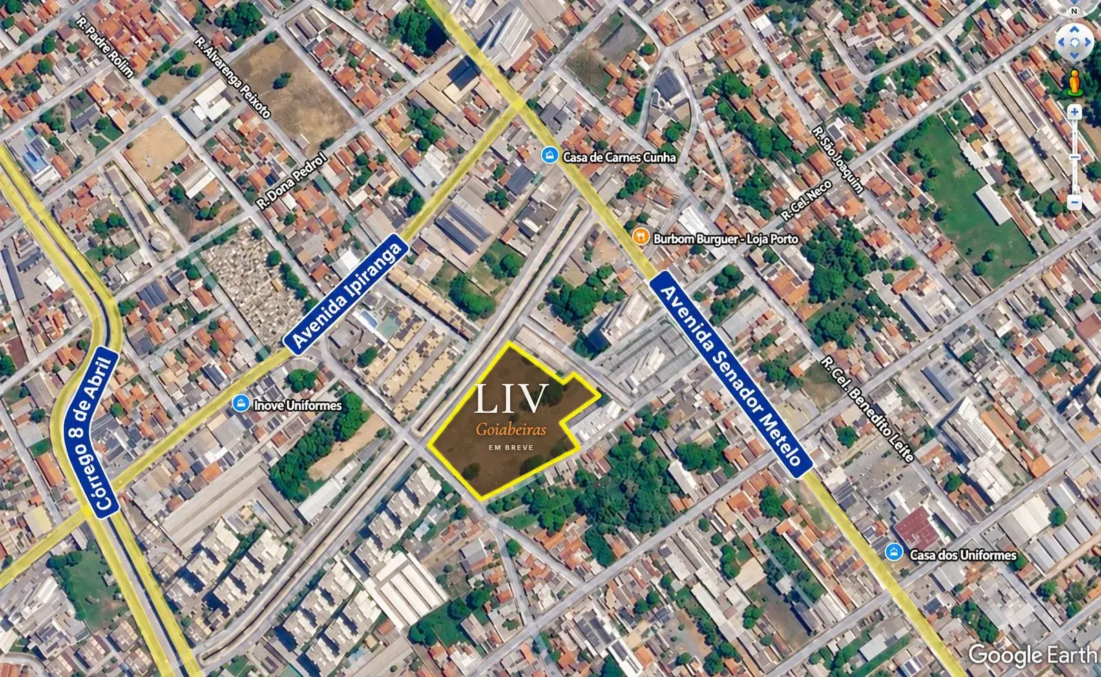 Localização do LIV Goiabeiras em vista aérea, entre a Avenida Ipiranga e a Avenida Senador Metelo, em Cuiabá