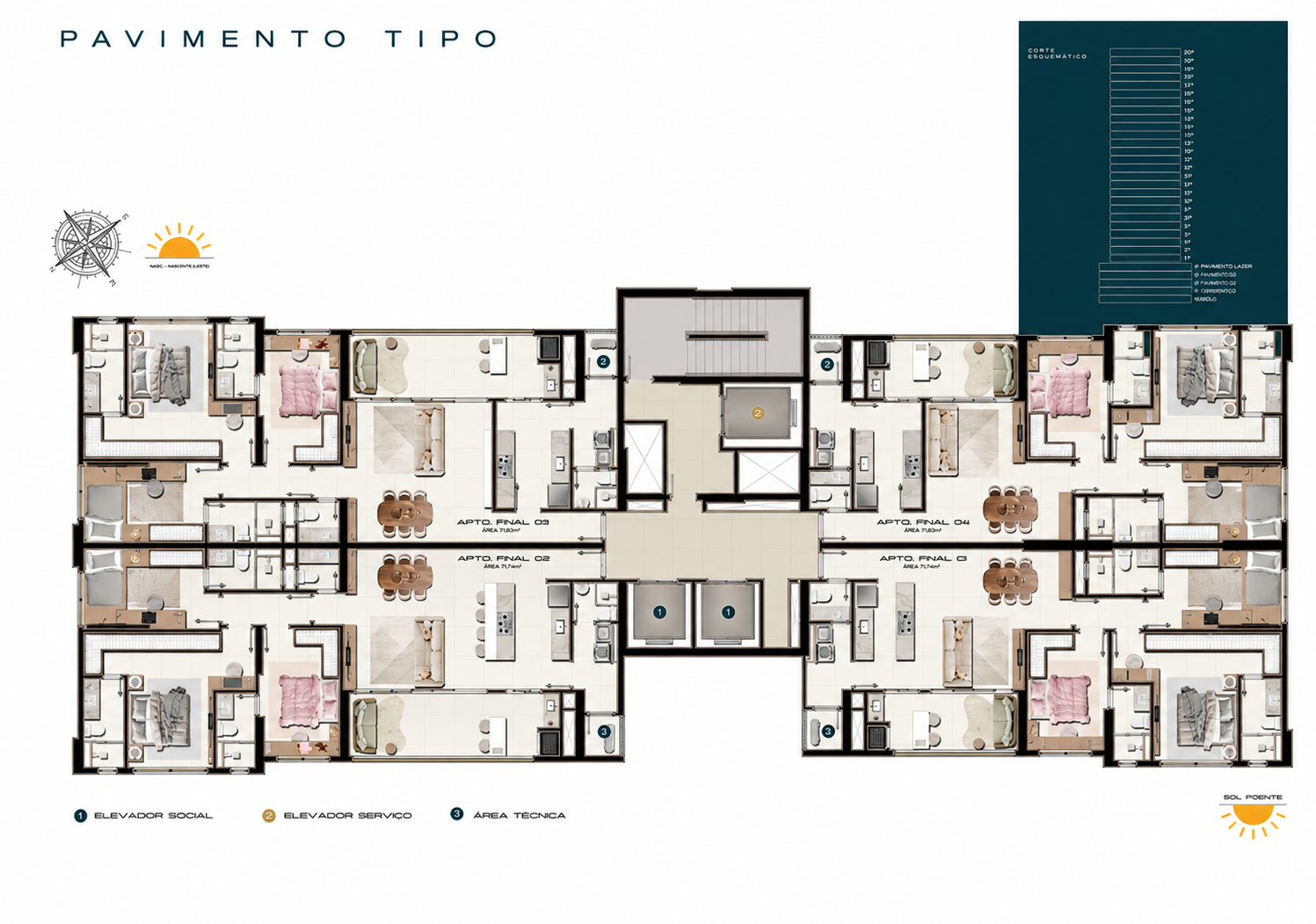 Planta do pavimento tipo do AMANI Comfort Home com quatro unidades por andar