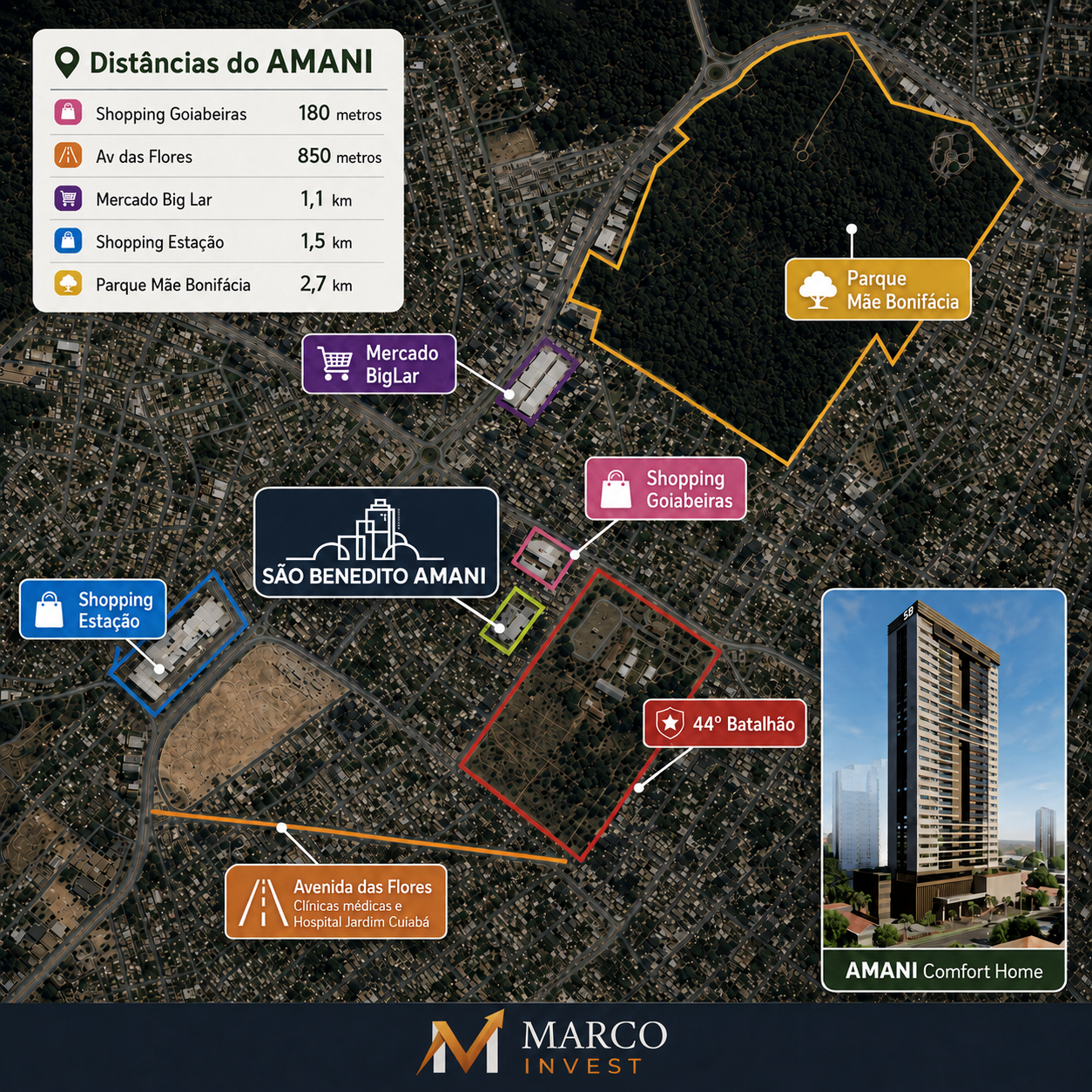 Mapa com as distâncias do AMANI Comfort Home até Shopping Goiabeiras, Av. das Flores, Mercado Big Lar, Shopping Estação e Parque Mãe Bonifácia