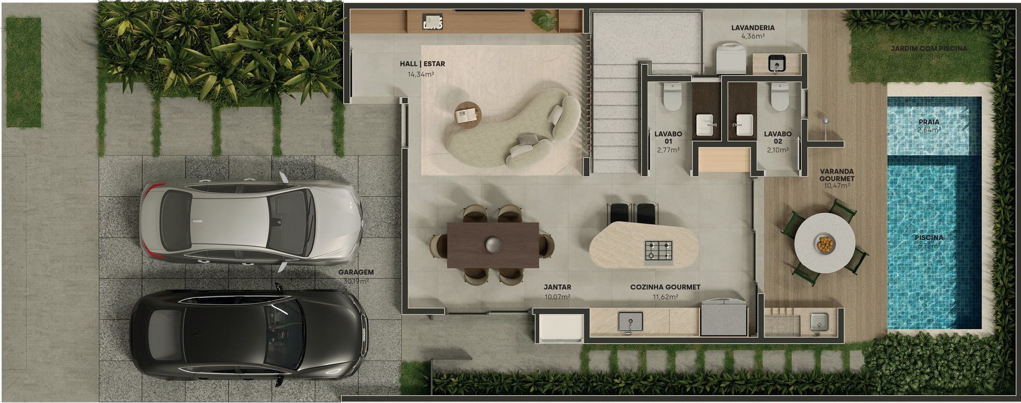 Planta do pavimento térreo da casa do Condomínio Piemonte, com 94,58 m² incluindo garagem