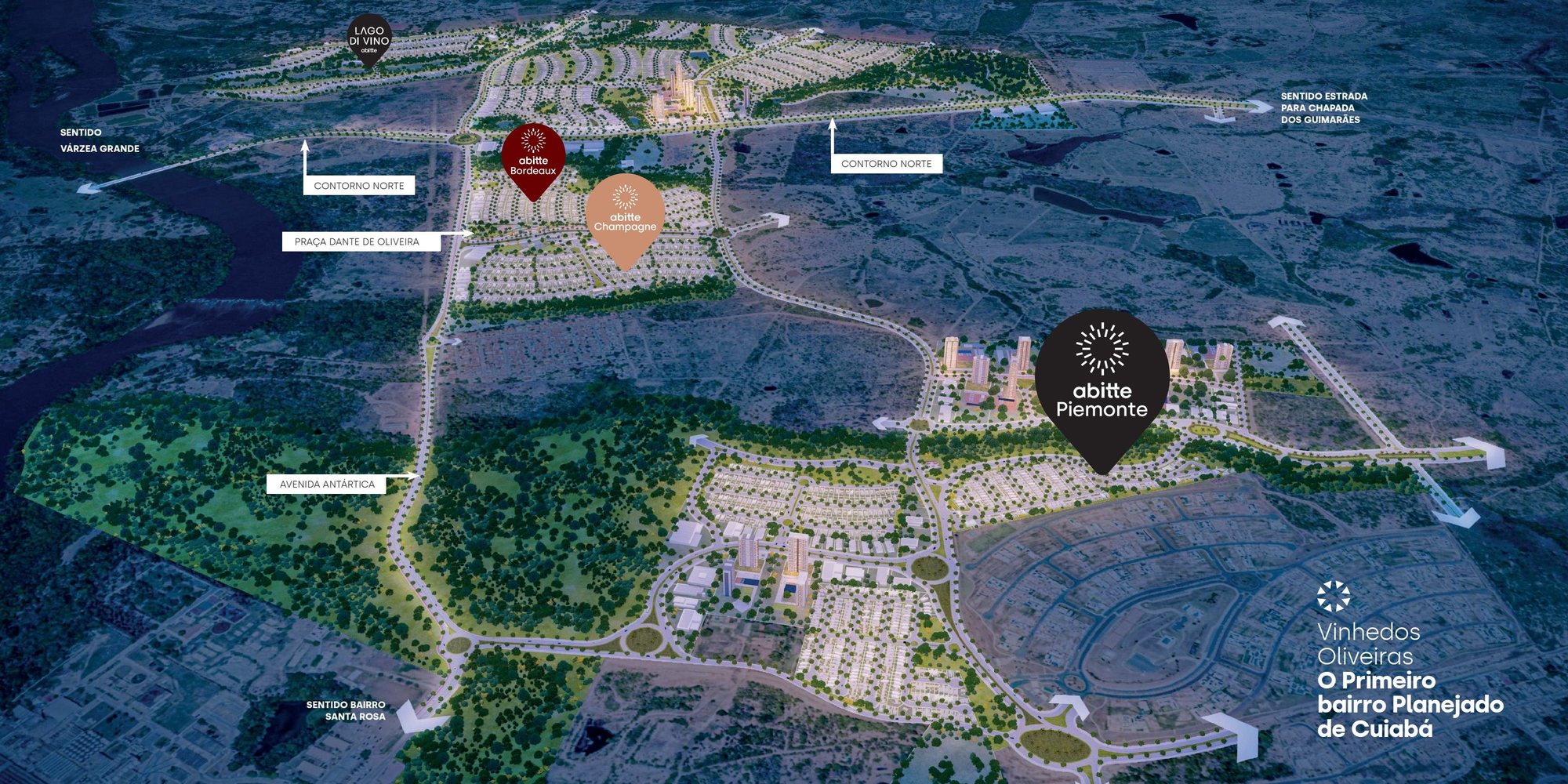 Masterplan do bairro planejado Vinhedos Oliveiras, onde está o Condomínio Piemonte
